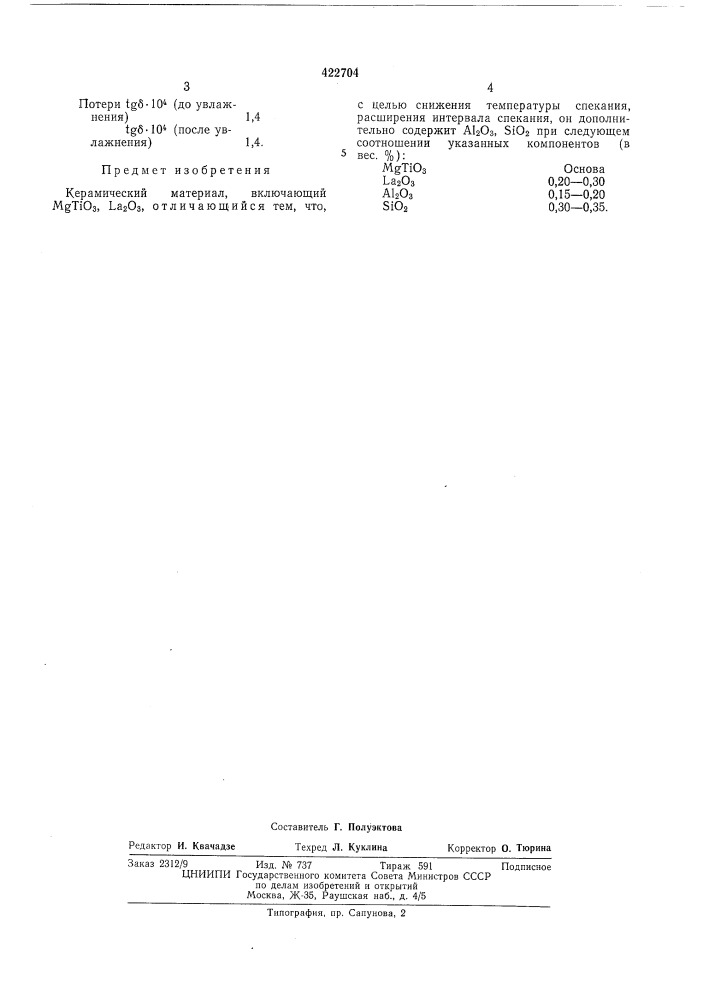 Керамический материал (патент 422704)