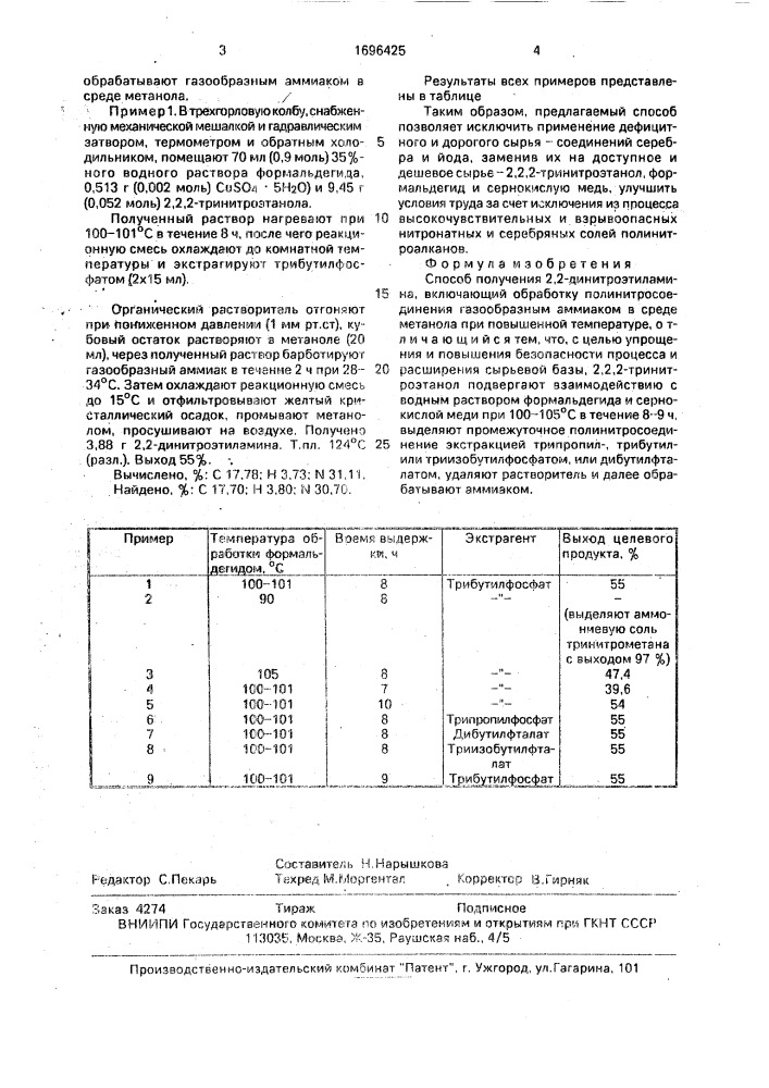 Способ получения 2,2-динитроэтиламина (патент 1696425)