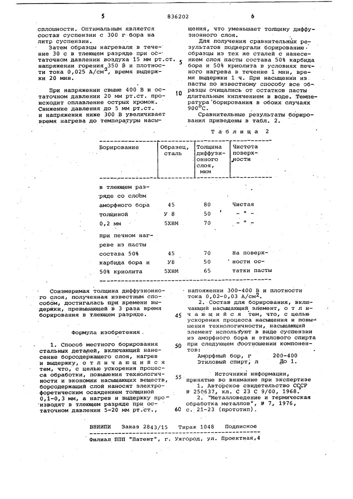 Способ местного борирования стальныхдеталей и coctab для его осуществления (патент 836202)