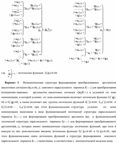 Способ формирования преобразованных аргументов аналоговых сигналов (0j)i и (0j+1)i сквозного параллельного переноса f(  ) для преобразования позиционно-знаковых аргументов аналоговых сигналов &#177;[nj]f(+/-) в условной &quot;i&quot; зоне минимизации и функциональная структура для его реализации (варианты) (патент 2420868)