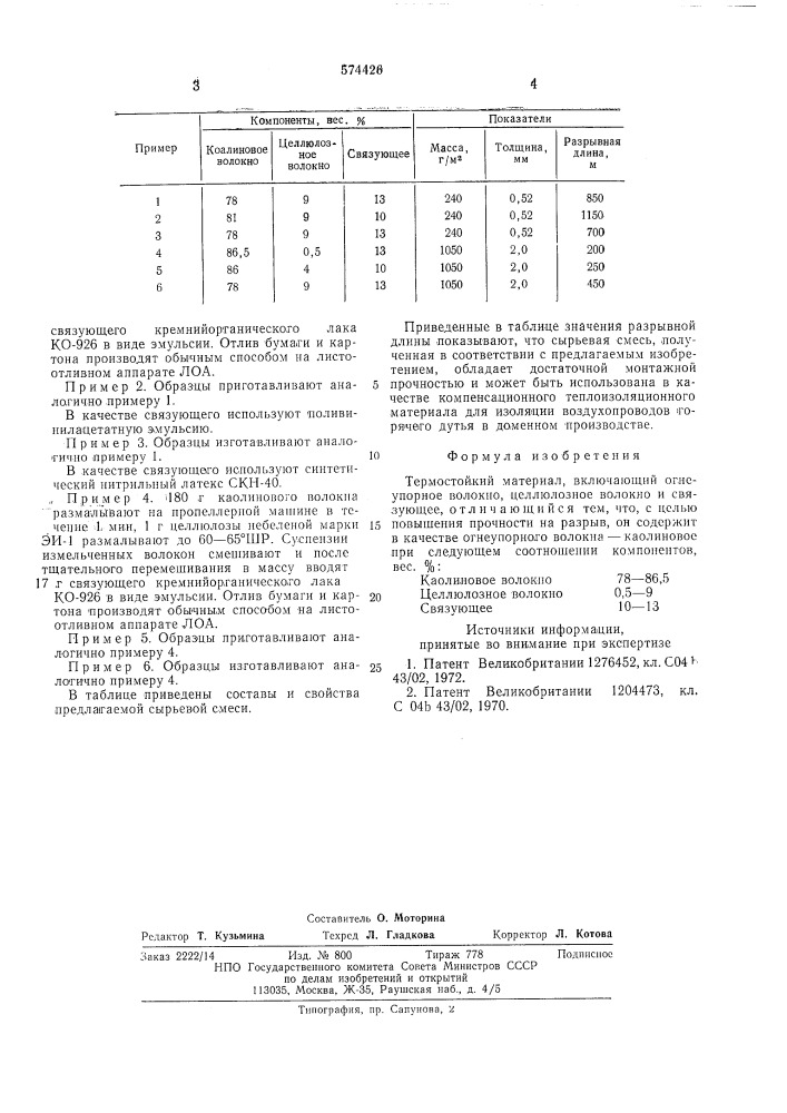 Термостойкий материал (патент 574426)