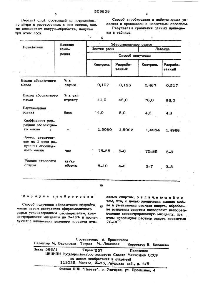 Способ получения абсолютного эфир-ного масла (патент 509639)