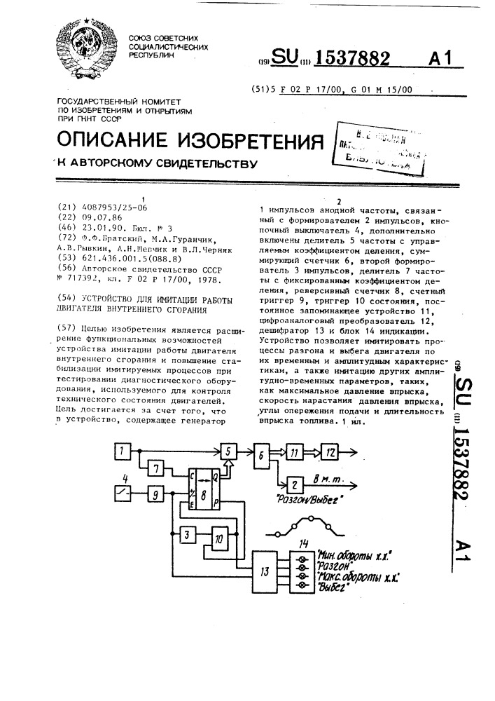 Устройство для имитации работы двигателя внутреннего сгорания (патент 1537882)