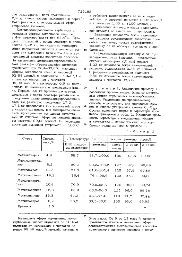 Способ выделения сложных эфиров нмонокарбоновых кислот из их смесей (патент 729188)