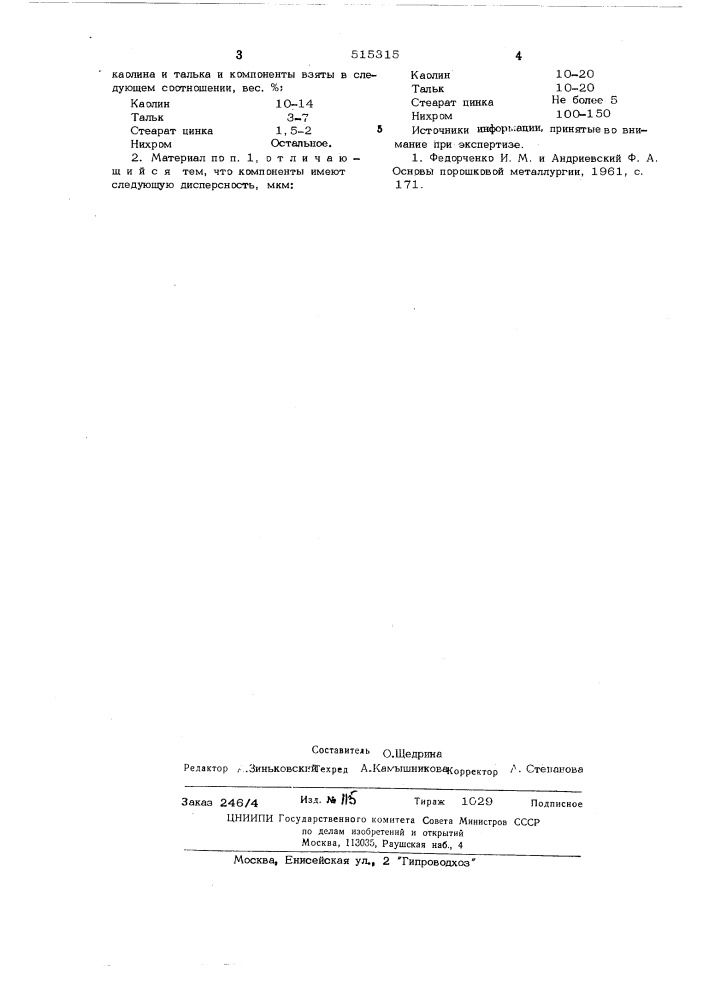 Металлокерамический материал (патент 515315)