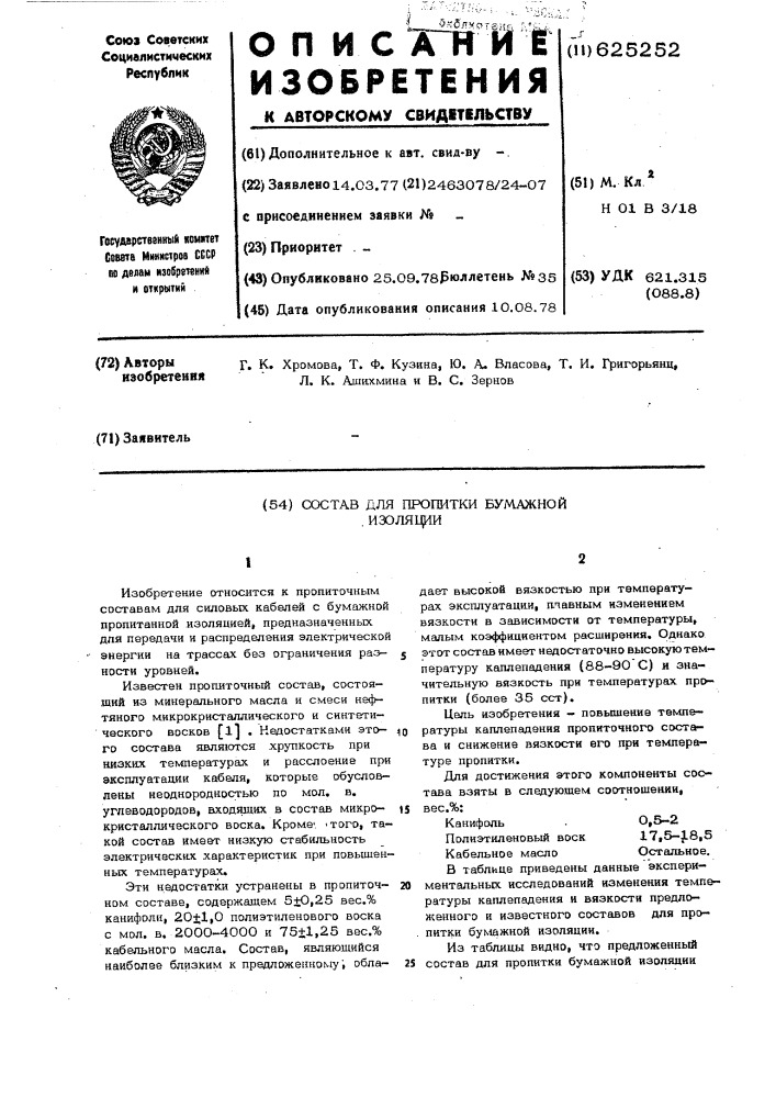 Состав для пропитки бумажной изоляции (патент 625252)