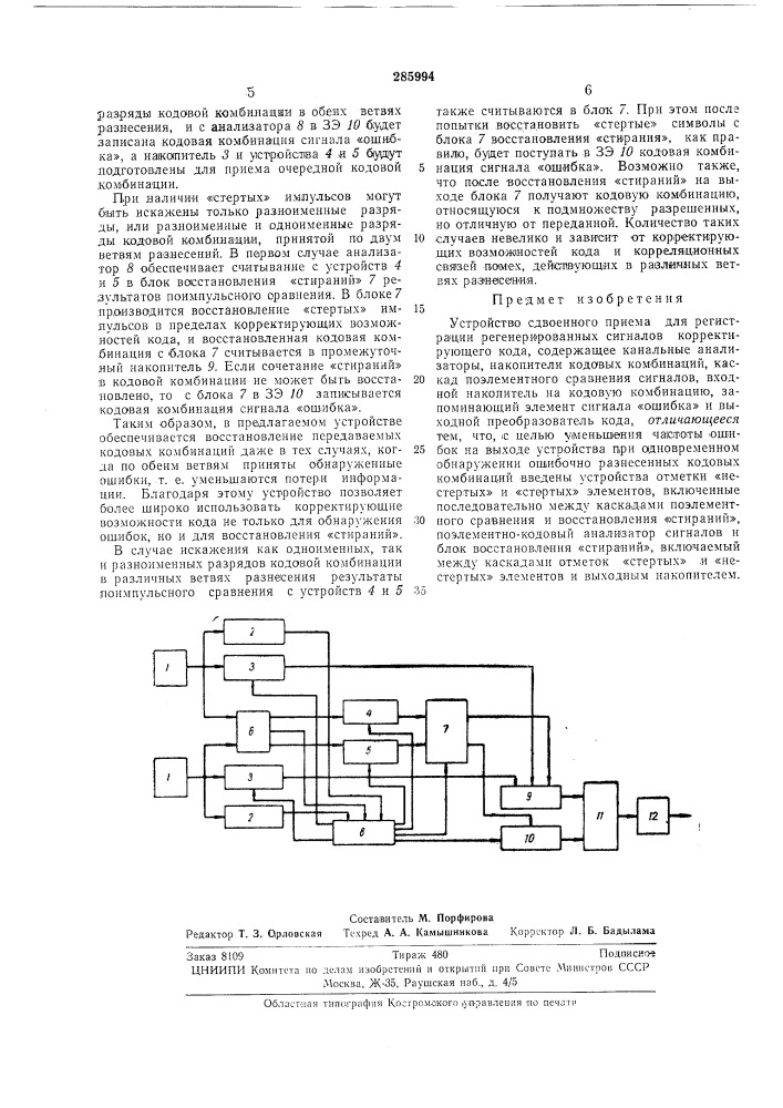 Патент ссср  285994 (патент 285994)