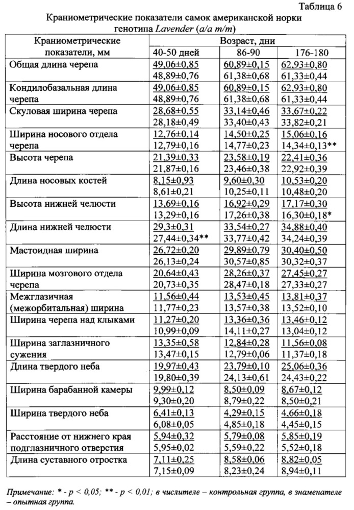 Способ улучшения морфогенеза черепа самцов и самок американской норки окрасочного генотипа standart (+/+ +/+) (патент 2637359)