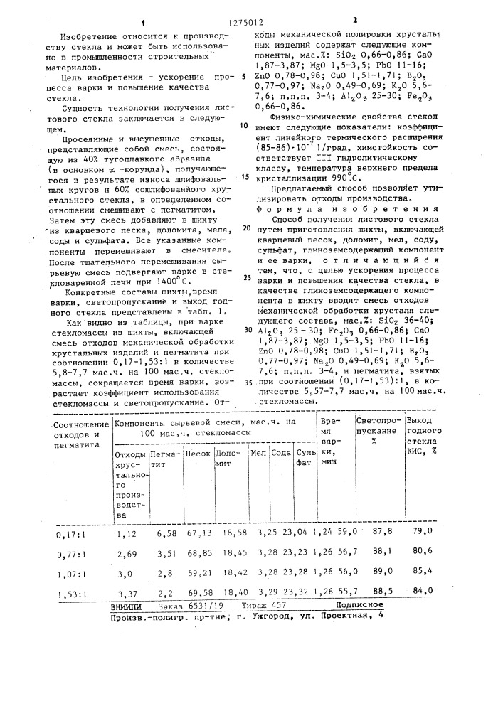 Способ получения листового стекла (патент 1275012)