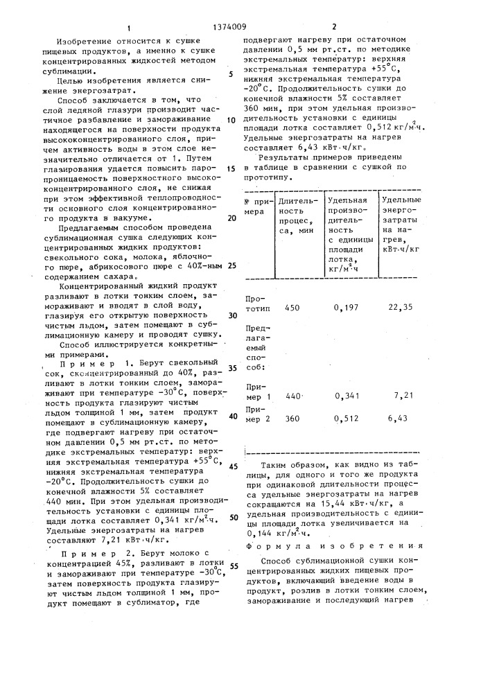 Способ сублимационной сушки концентрированных жидких пищевых продуктов (патент 1374009)