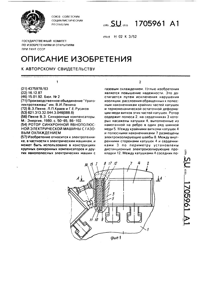 Ротор синхронной явнополюсной электрической машины с газовым охлаждением (патент 1705961)