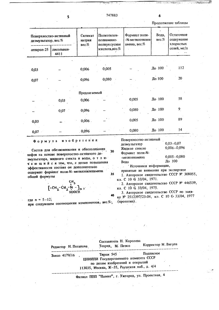 Состав для обезвоживания и обессоливания нефти (патент 747883)