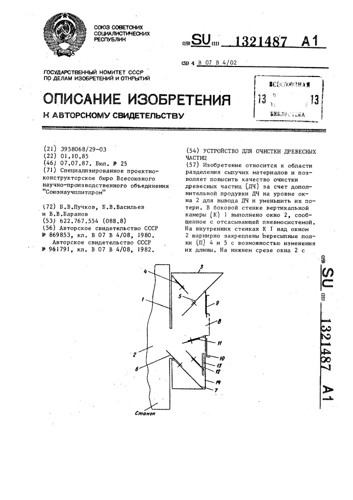 Устройство для очистки древесных частиц (патент 1321487)