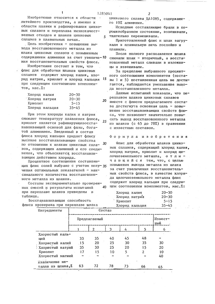 Флюс для обработки шлаков цинковых сплавов (патент 1285041)