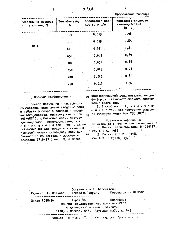 Способ получения пятисернистого фосфора (патент 998334)