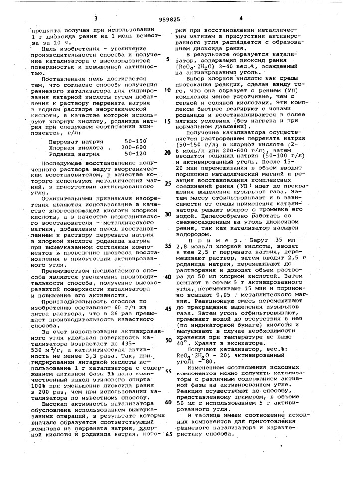 Способ получения рениевого катализатора для гидрирования янтарной кислоты (патент 959825)