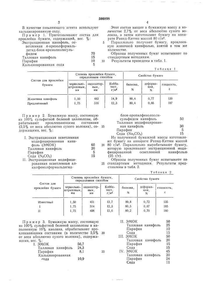 Состав для проклейки бумаги в массе (патент 566898)