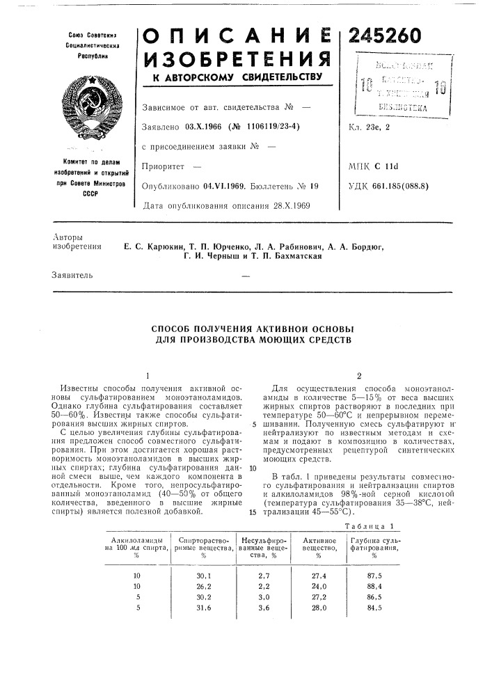 Способ получения активной основы для производства моющих средств (патент 245260)