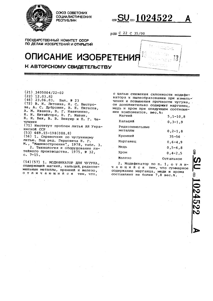 Модификатор для чугуна (патент 1024522)