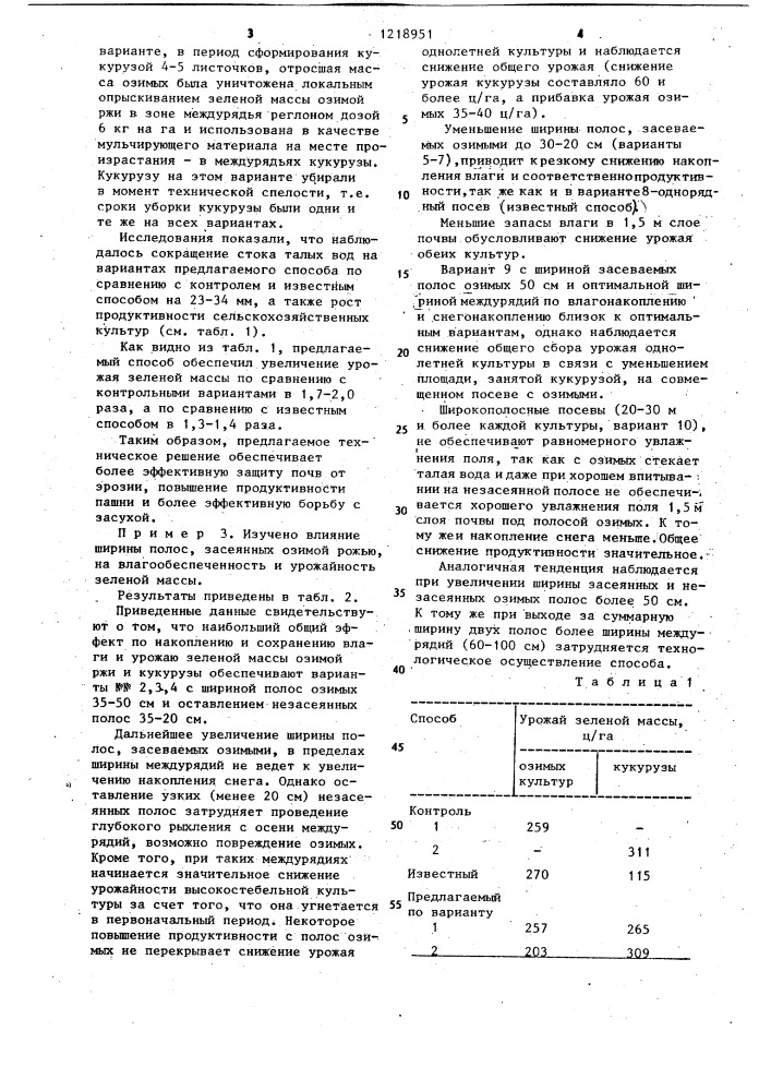 Способ возделывания на склонах сельскохозяйственных растений на зеленый корм (патент 1218951)