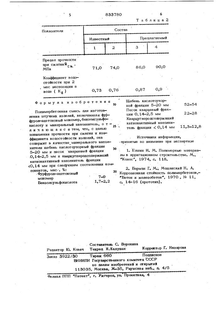 Полимербетонная смесь (патент 833780)