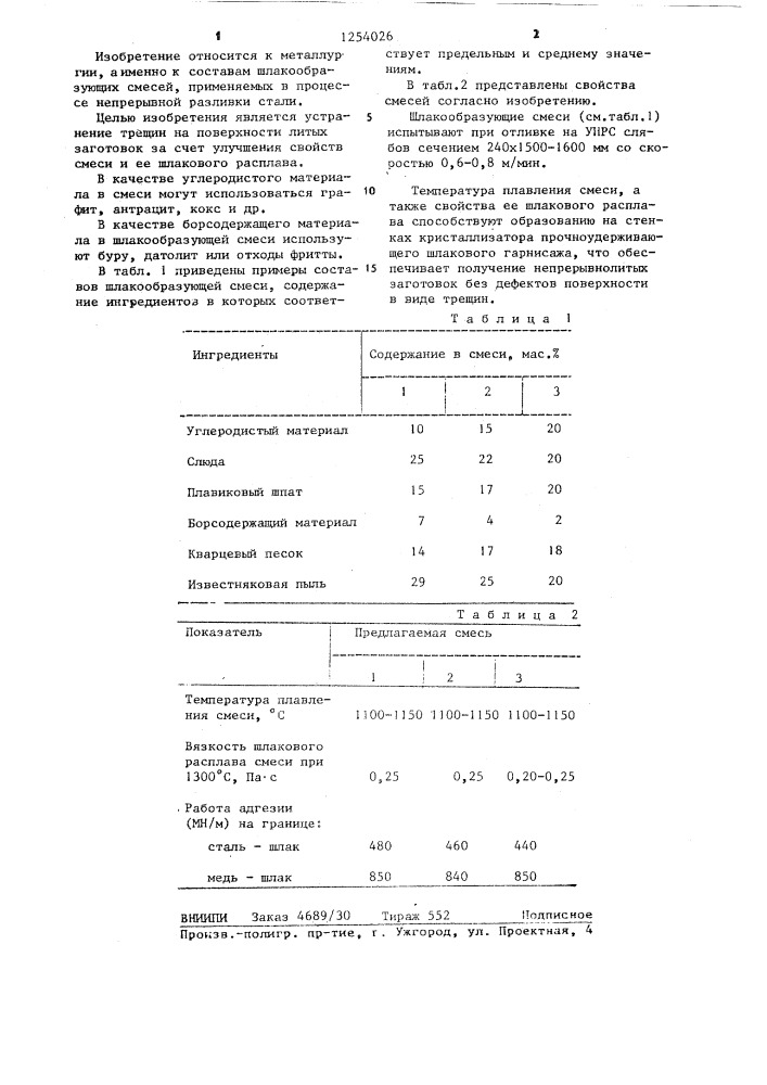 Шлакообразующая смесь для непрерывной разливки стали (патент 1254026)