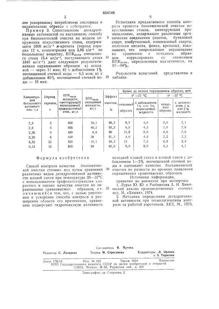 Способ контроля качества биохимической очистки сточных вод (патент 654548)