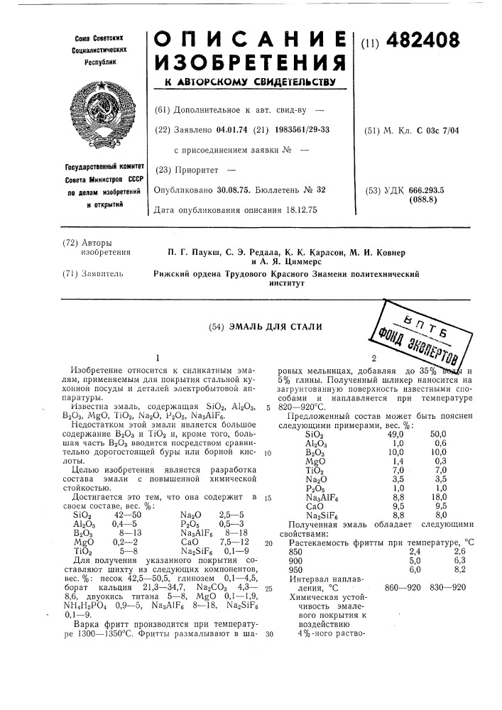 Эмаль для стали (патент 482408)