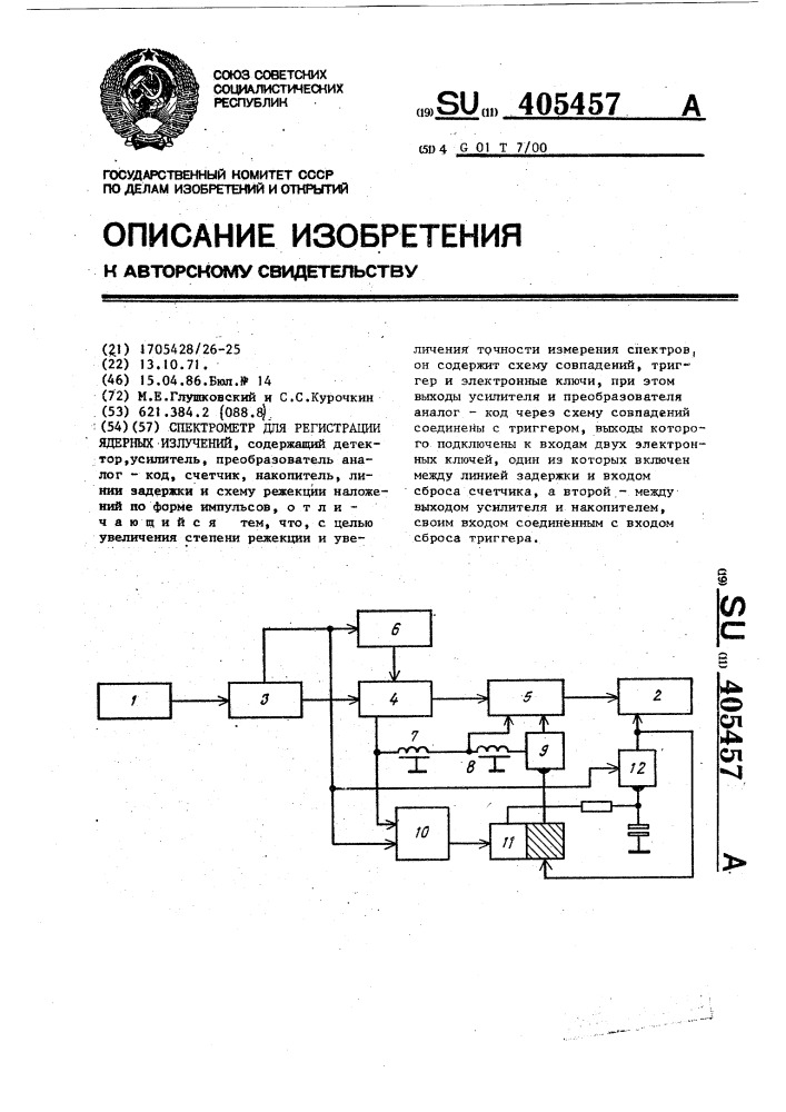 Спектрометр для регистрации ядерных излучений (патент 405457)