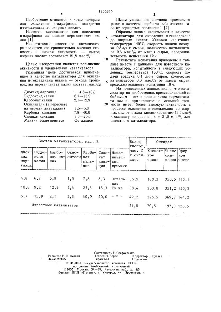 Катализатор для окисления н-гексадекана (патент 1155290)