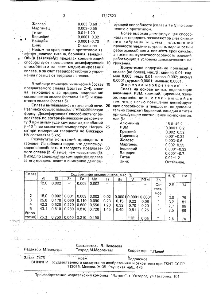 Сплав на основе цинка (патент 1747523)