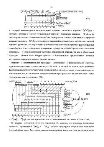Функциональная структура предварительного сумматора f1(σcd) условно "j" разряда параллельно-последовательного умножителя fσ(σ), реализующая процедуру "дешифрирования" аргументов частичных произведений со структурами аргументов множимого [mj]f(2n) и множителя [ni]f(2n) в позиционном формате "дополнительного кода" и формирования промежуточной суммы [1,2sjh1]f(2n) в позиционном формате "дополнительного кода ru" (варианты русской логики) (патент 2586565)