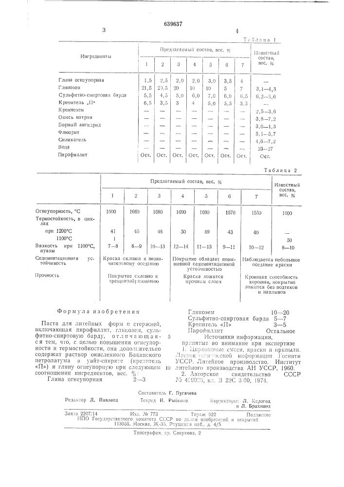 Паста для литейных форм и стержней (патент 639637)