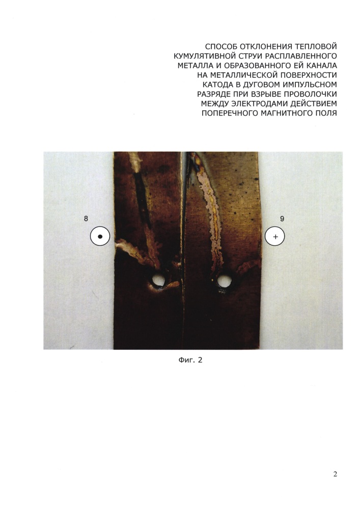 Способ отклонения тепловой кумулятивной струи расплавленного металла и образованного ей канала на металлической поверхности катода в дуговом импульсном разряде при взрыве проволочки между электродами действием поперечного магнитного поля (патент 2614526)