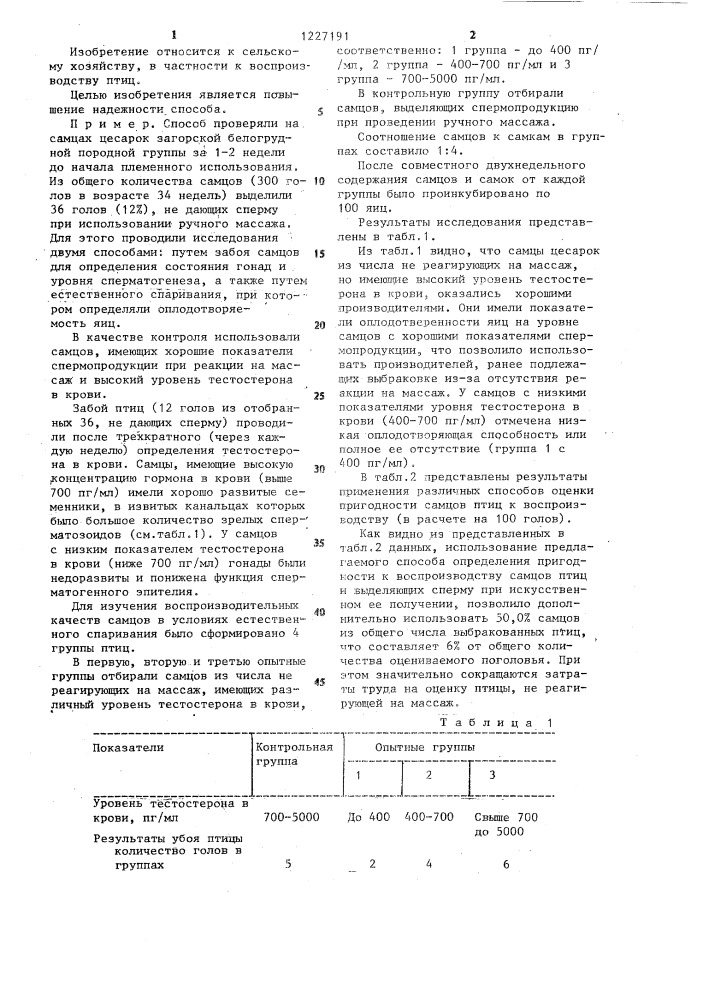 Способ определения пригодности к воспроизводству самцов птиц (патент 1227191)