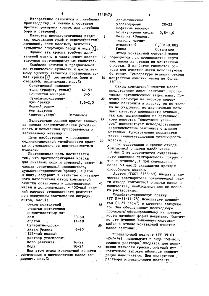Противопригарная краска для литейных форм и стержней (патент 1118474)