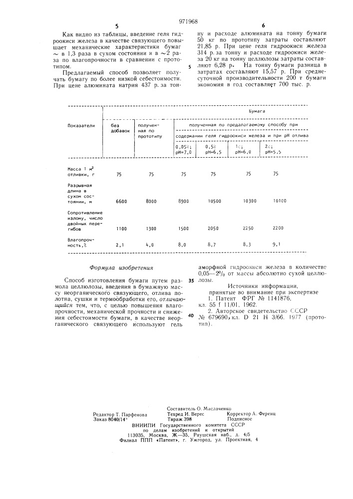 Способ изготовления бумаги (патент 971968)