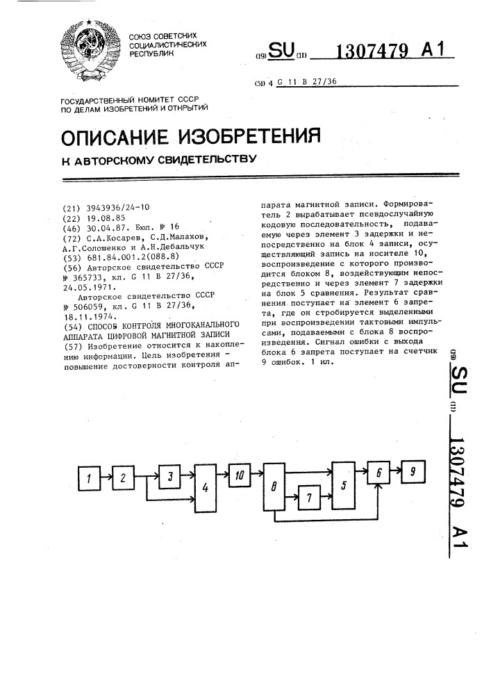 Способ контроля многоканального аппарата цифровой магнитной записи (патент 1307479)