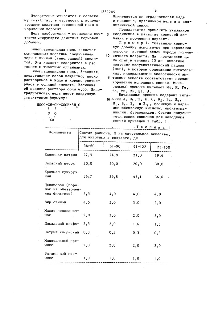 Кормовая добавка для поросят (патент 1232205)