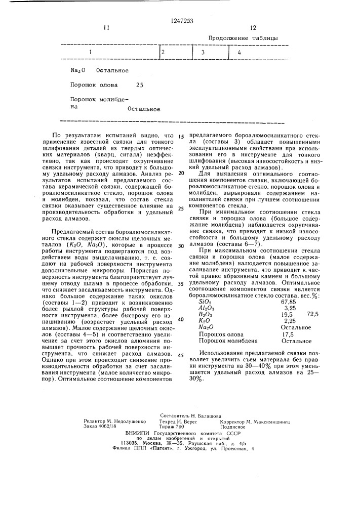 Керамическая связка для изготовления алмазного инструмента (патент 1247253)