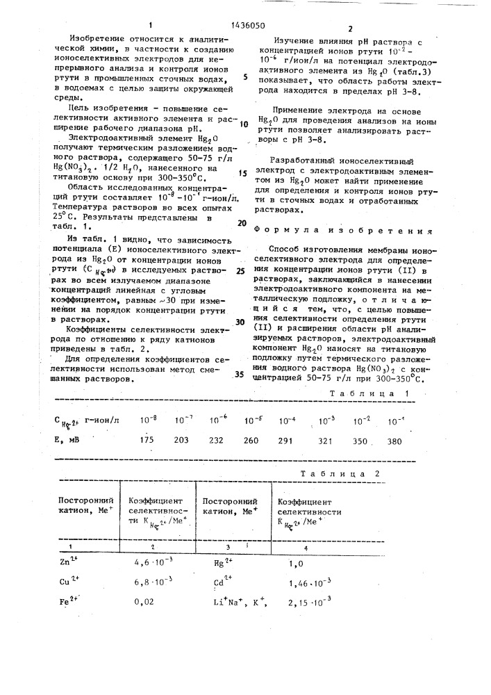 Способ изготовления мембраны ионоселективного электрода для определения концентрации ионов ртути ( @ ) (патент 1436050)
