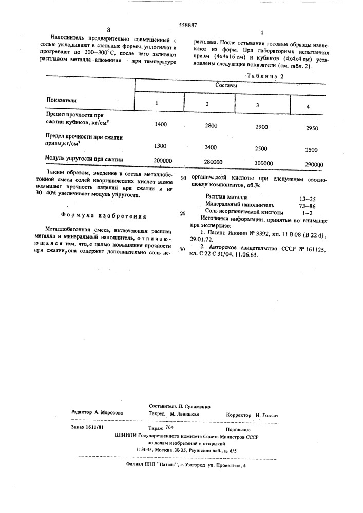Металлобетонная смесь (патент 558887)