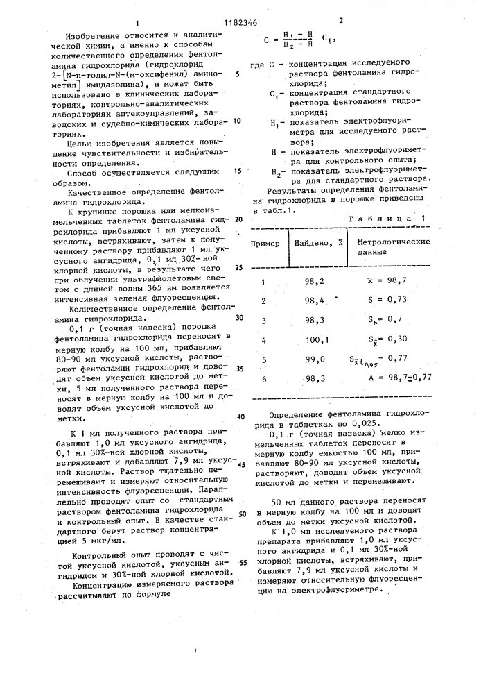 Способ определения фентоламина гидрохлорида (патент 1182346)