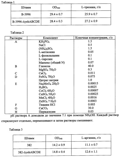 Способ получения l-треонина и l-аргинина с использованием бактерии, принадлежащей к роду escherichia, в которой инактивирован кластер генов yehabcde (патент 2337960)