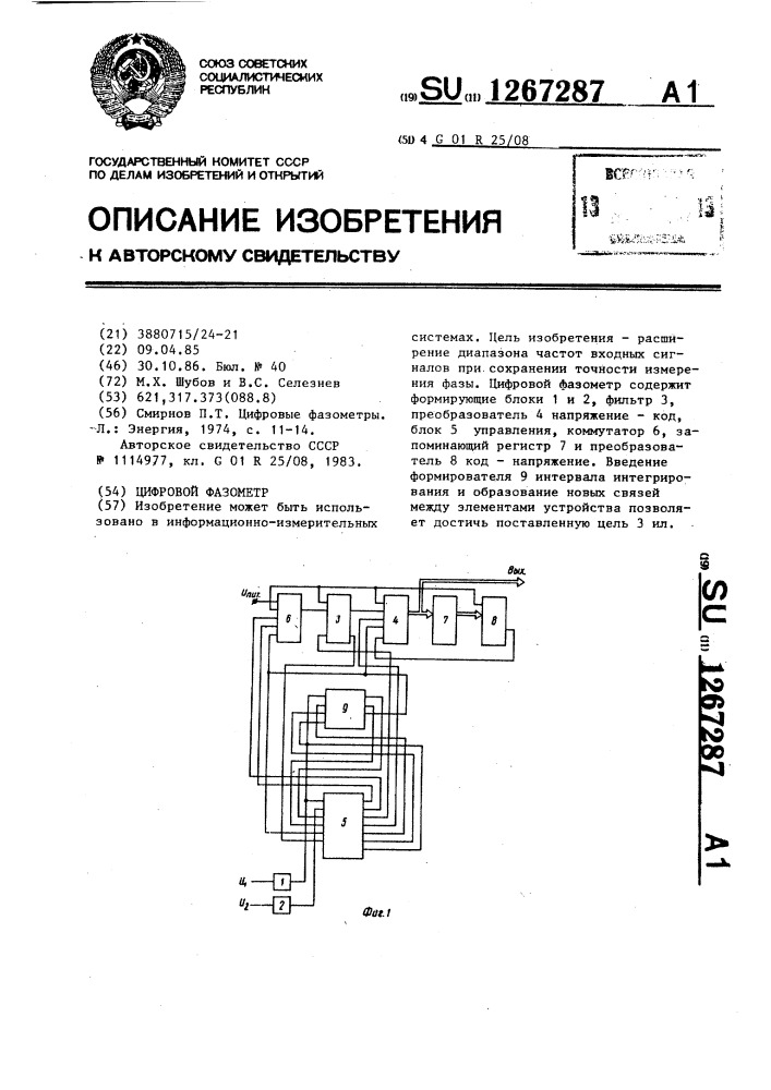 Цифровой фазометр (патент 1267287)