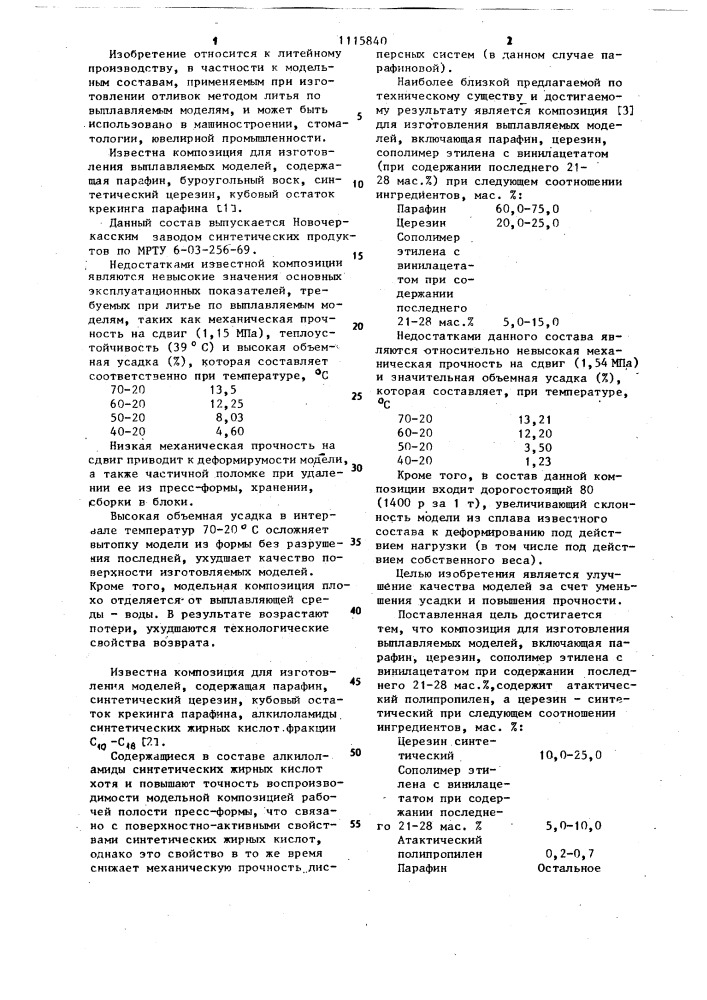 Композиция для изготовления выплавляемых моделей (патент 1115840)