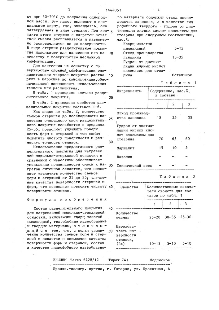 Состав разделительного покрытия для нагреваемой модельно- стержневой оснастки (патент 1444051)