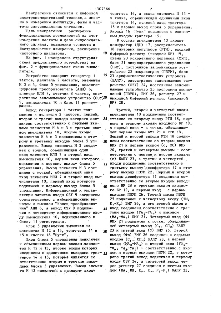 Устройство для измерения характеристик синусоидального сигнала (патент 1307366)