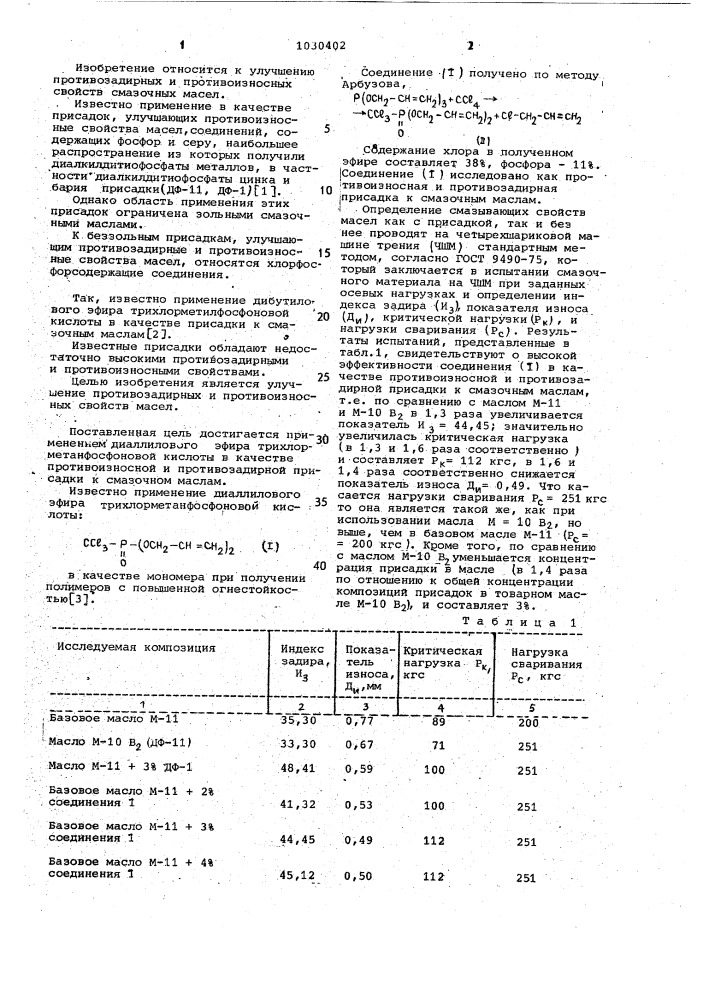 Противозадирная и противоизносная присадка к смазочным маслам (патент 1030402)