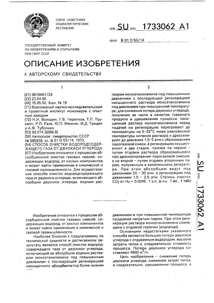 Способ очистки водородсодержащего газа от двуокиси углерода (патент 1733062)